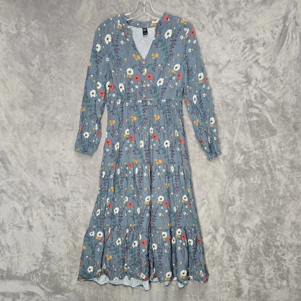 Emery Rose Blue Floral Tiered Maxi Dress Women L V-Neck Boho Cottagecore Peasant